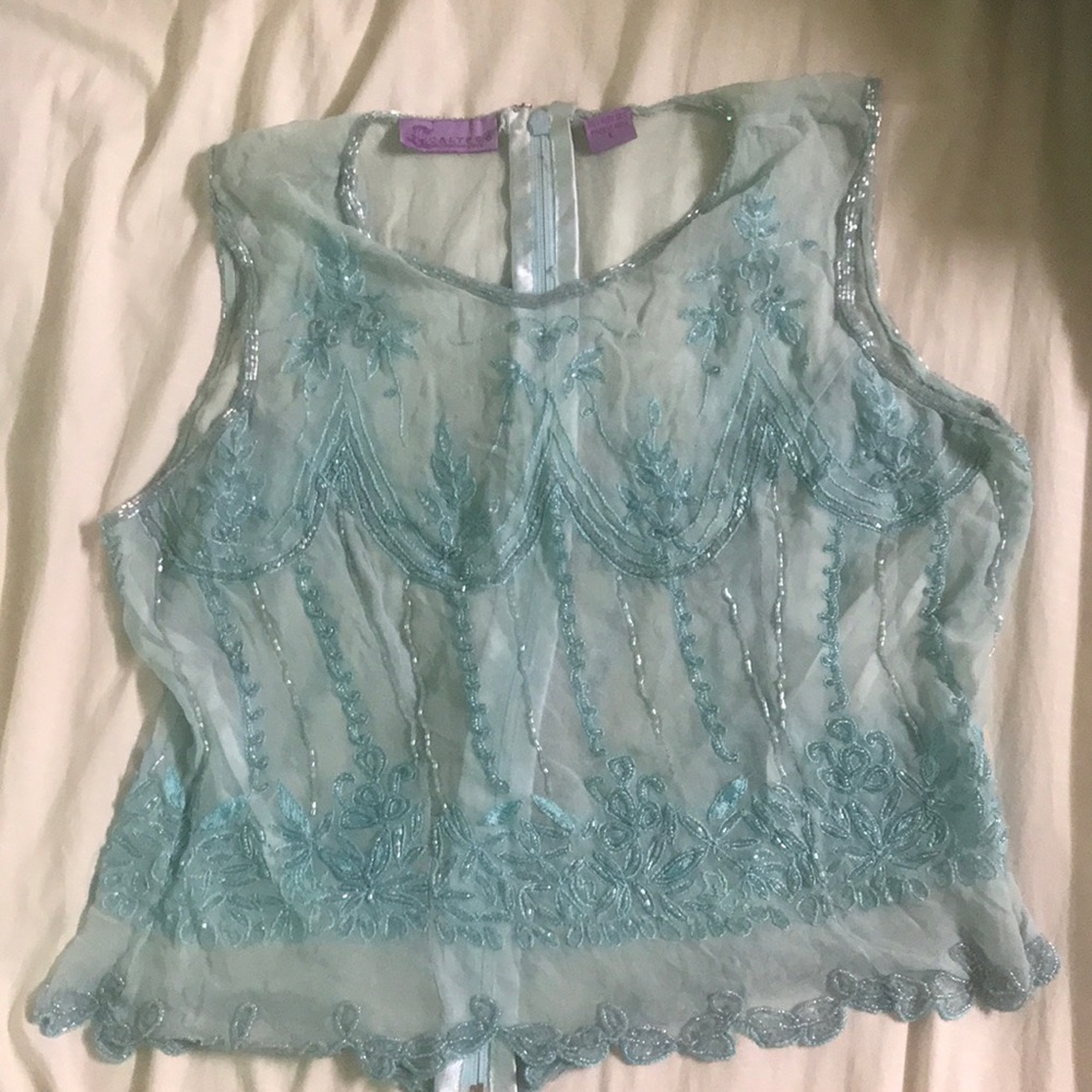 Beautiful Silk Beaded Light Blue Top with Zipper